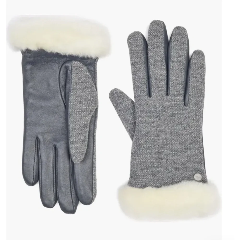 UGG Shearling Leather And Fabric Touchscreen Gloves Women’s Small Gray White